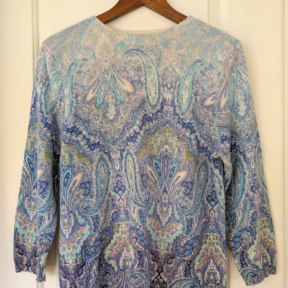 Talbots Pure Cashmere Blue Ombre Paisley 3/4 Sleeve Sweater Size XL